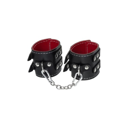 Handcuffs with two belts and red lining Pecado BDSM, leather, black-1