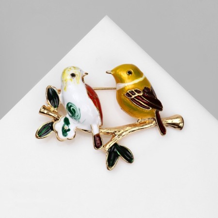 Brooch "Bird" Duet on a branch, colored in gold-2