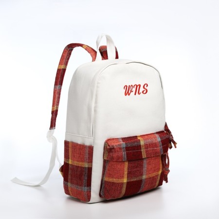 Youth backpack from textiles, 3 pockets, white/brown/red color-2