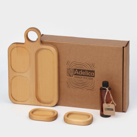 Gift set of ADELICA wooden dishes, serving 3 sections, 2 Menzhitsa removable, oil as a gift 100 ml, birch-6