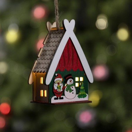 Christmas tree toy "House with a snowman", from batteries, a glow of warm white