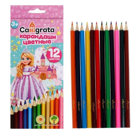 Pencils of colored 12 flowers "Princess", wooden building, hexagonal