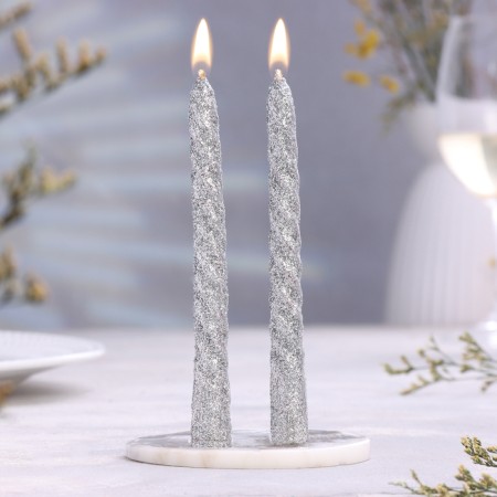 Set of candles of twisted, 1.5x 15 cm, 2 pieces, sparkle, silver