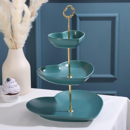 Ceramic 3-tier ceramic dish "Hearts", 12 × 11/19 × 18/26 × 25 cm, green color