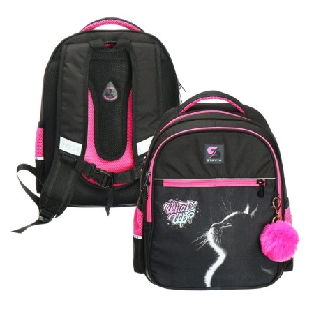 School backpack, 40 x 33 x 19 cm, ergonomic back, stavia "cat", black/pink