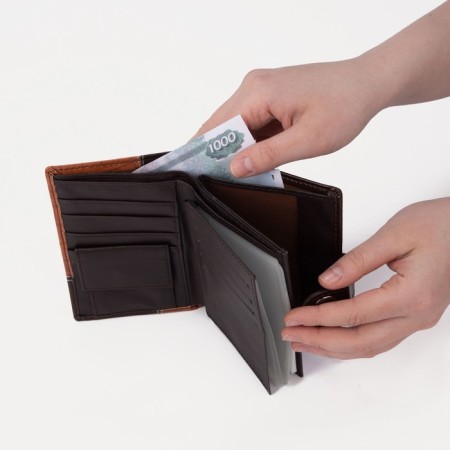 Male purse on the button, 3 in 1, for auto documents, passports, bills, pockets for cards, for coins, brown color-9