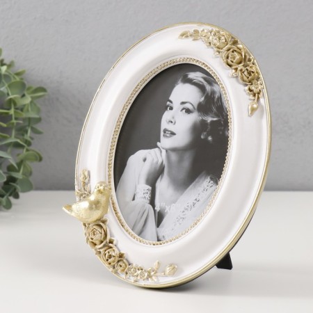 Photo frame Polystone 10x15 cm Oval "Golden Bird and Roses" White 20x15 cm-1