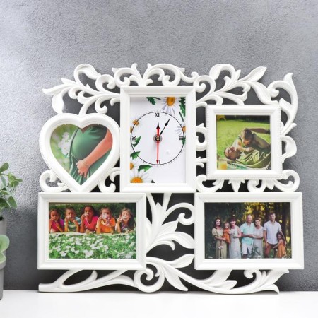 Photo frame with clock "Happiness" 4 photos, white