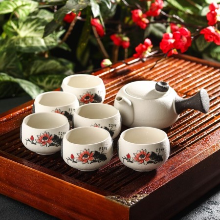 A set for the tea ceremony ceramic "delicate flower", 7 items: a kettle 180 ml, 6 cups 70 ml, white color-1