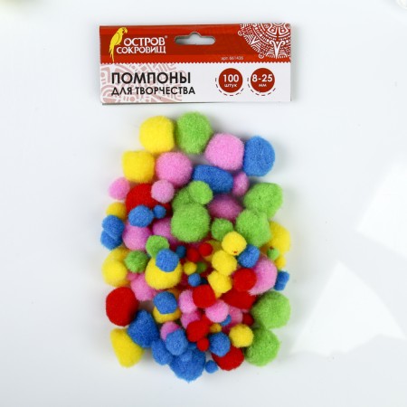 Pompons for creativity, assorted, 5 colors, 8 mm/15 mm/25 mm, (set of 100 pcs)-3