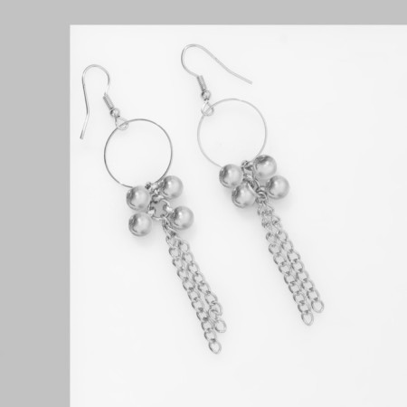 Hanging earrings "Rings with beads" with chains, color silver, 8 cm-1