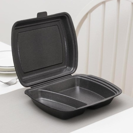 Single lunch box, 24.7 × 20.6 × 7 cm, 2 sectional, black color