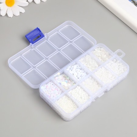 Glass 8/0, 12/0 in the box "White" beads, glass and sequins 13x6.5x2.3 cm