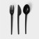 A set of plastic disposable cutlery, 4 objects: fork, tablespoon, knife, white napkin, 16.5 cm, black color