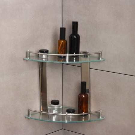 Bathroom shelf 2x-tier angular stall Stölz, 24 × 24 × 28 cm, stainless steel, glass-1