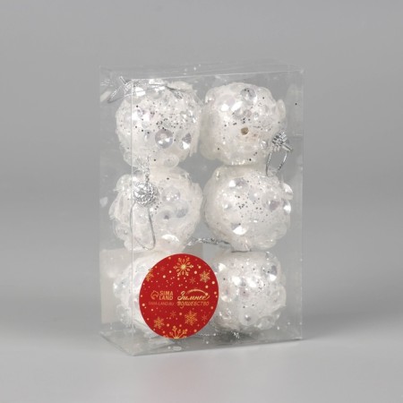Set of balls plastic D-5 cm, 6 pcs "Alvaro" sequin, white-1