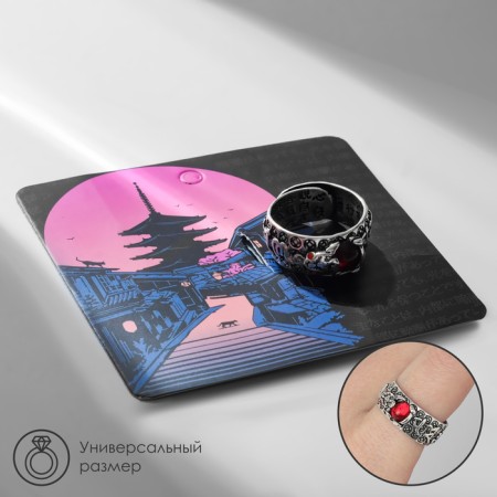 Ring "Japan" hieroglyphs, red color in black silver, dimensionless