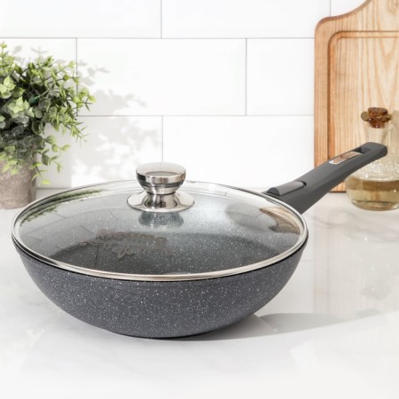 Frying pan “Granite Wok”, D = 28 cm, removable handle, glass cover, anti -stick coating, color gray color