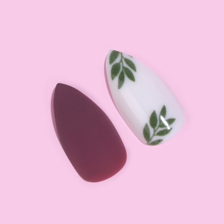 Follow nails, 24 pcs, with glue plates, almond shape, matte burgundy/green/white color-1