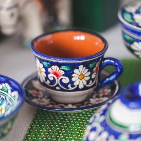 Tea couple of Rishtan ceramics "Flowers", 100 ml, (plate 10cm, cup 7.5cm), blue-8