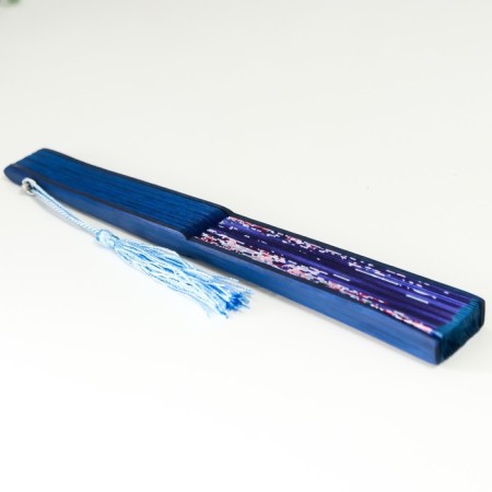 Fan bamboo, textiles h = 21 cm "Flowers and butterflies" Blue, with a brush-4