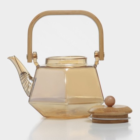 Glass teapot with a bamboo lid and a metal filter “Octan”, 800 ml, gold color-3