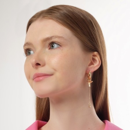 Earrings with the removable element "Transformer" bird, white color in gold-2