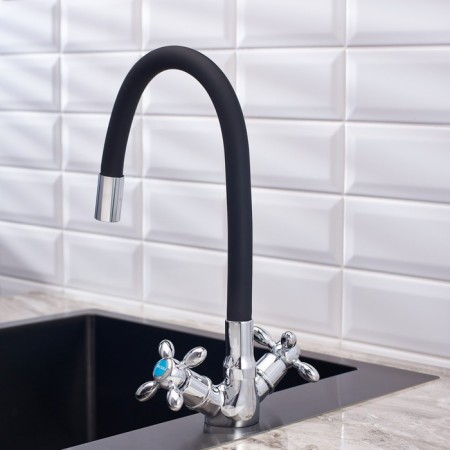 Kitchen mixer BOOU BA5318-1F-E352A-B702, flexible spout, brass, black/chrome-1
