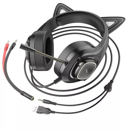 Hoco W107 cat headphones, game, full -size, luminous, microphone, 2 m, pink-3