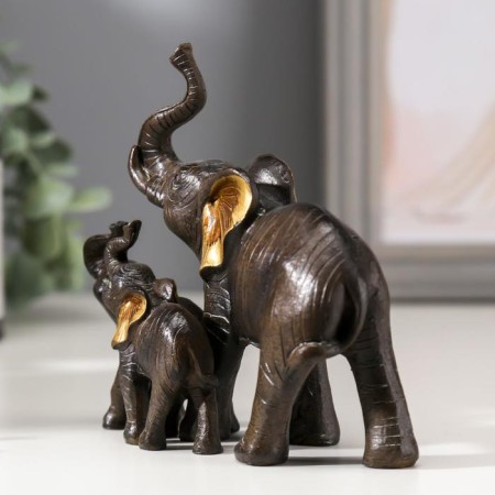 Souvenir Polystone "Elephant African Brown with elephants" Golden ears 11x12x5.5 cm-3