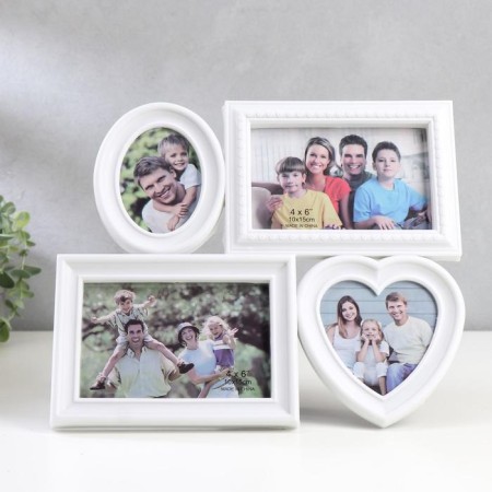 Photo frame in 4 photos white 10 × 15 cm, oval 9x6 cm, heart 9x9 cm