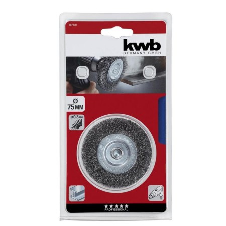 The flat brush for the drill is kwb, d = 75 mm, wire d = 0.35 mm, shank d = 6 mm, steel HSS-1