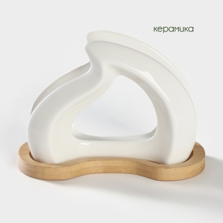 Ceramic napkin on the bamboo stand Bellatenero, 14 × 7 × 10 cm, white color-2