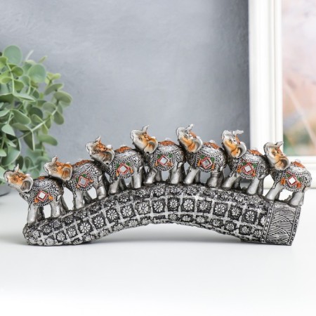 Polystone souvenir "Seven elephants on a tusk with flowers" silver 21x4x9.8 cm