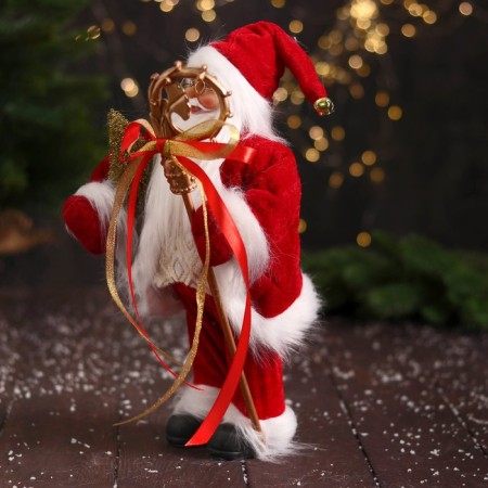 Santa Claus "In a caftan with fur and patterned staff" 30 cm, white-red-3