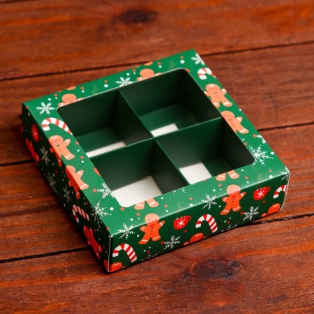 New Year. Box for 4 sweets, 12.6 x 12.6 x 3.5 "gingerbread", confectionery packaging-2