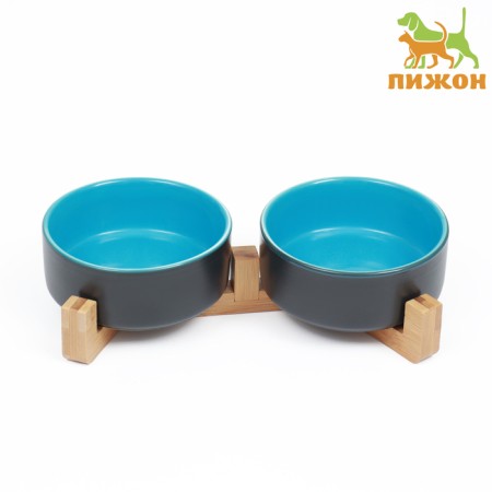 Double ceramic bowls on a stand of 2 x 450 ml 28.5 x 15.5 x 7 cm, gray/blue-1