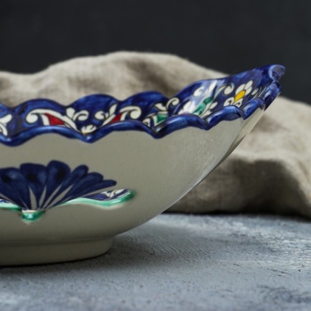 Rishtan ceramics "Flowers", 27 cm, blue, corrugated, oval-2