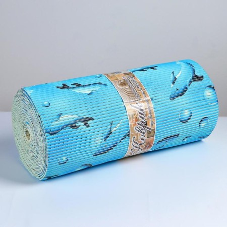 Bathroom mat "Dolphins", width 65 cm, roll 15 m, blue color-2