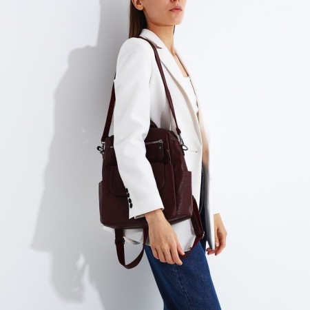 Women's backpack made of artificial leather with lightning, 2 pockets, burgundy color-6