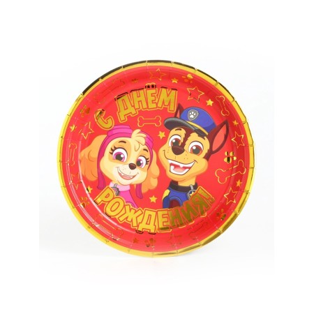 A disposable paper plate with embossing "Happy Birthday!", 18 cm, puppy patrol