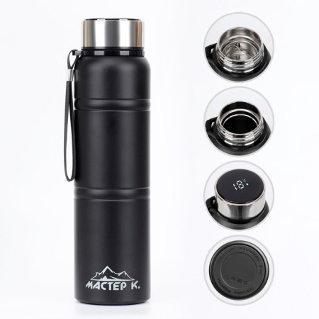 Thermos, 1 l, Warm, retains heat 24 hours, with a strainer, with a temperature sensor, black