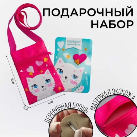 Gift set for the girl "cat", bag, brooch, raspberry color