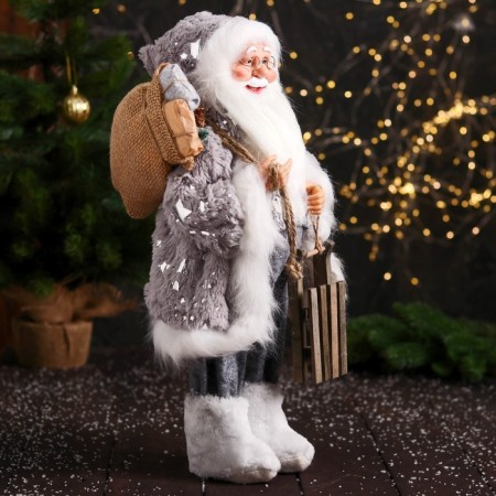 Santa Claus "in a sweater and fur boots, with sledges" 47 cm, white-gray-1
