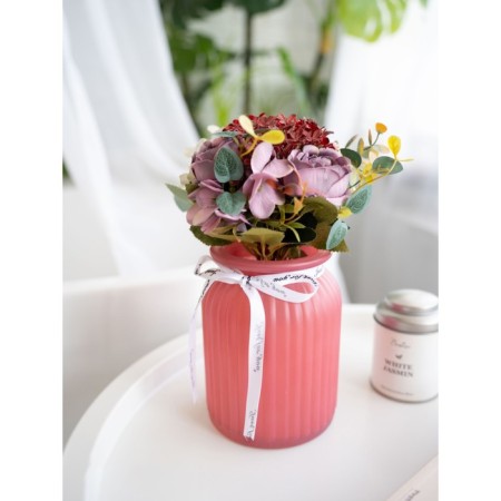 Fantasy flower composition in a glass vase, 11 × 11 × 25 cm, pink color