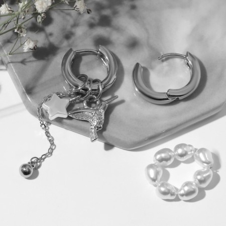 Earrings with the removable element "Transformer" bird, white color in silver-2