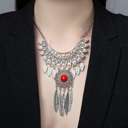 Necklace "openwork feathers" circle, red color in black silver, 35 cm-1