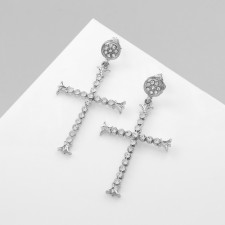 Серьги висячие со стразами "Крестики" грация, цвет белый в серебре, 6см