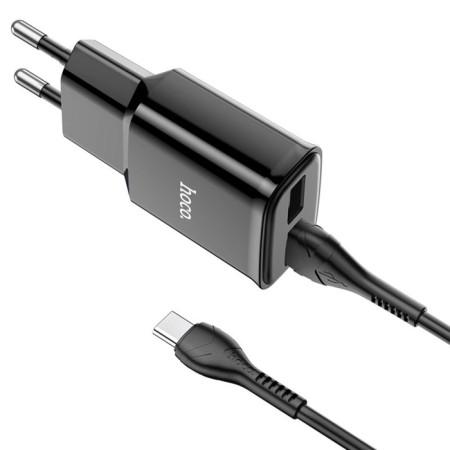 Network charger HOCO C88A, 2 USB, 2.4 A, Type -C - USB, 1 m, black cable