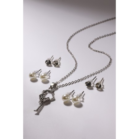 Set of 5 objects: 4 pairs fluffs, pendant "gymnast", white color in silver, 40 cm-1